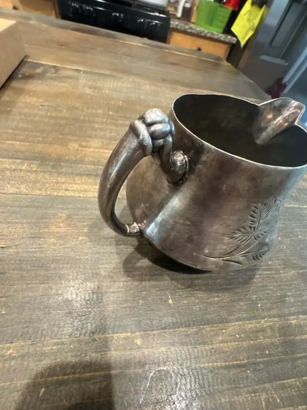 Antique Silver Plated Creamer Pitcher with Etched Floral Design and Ornate Handl